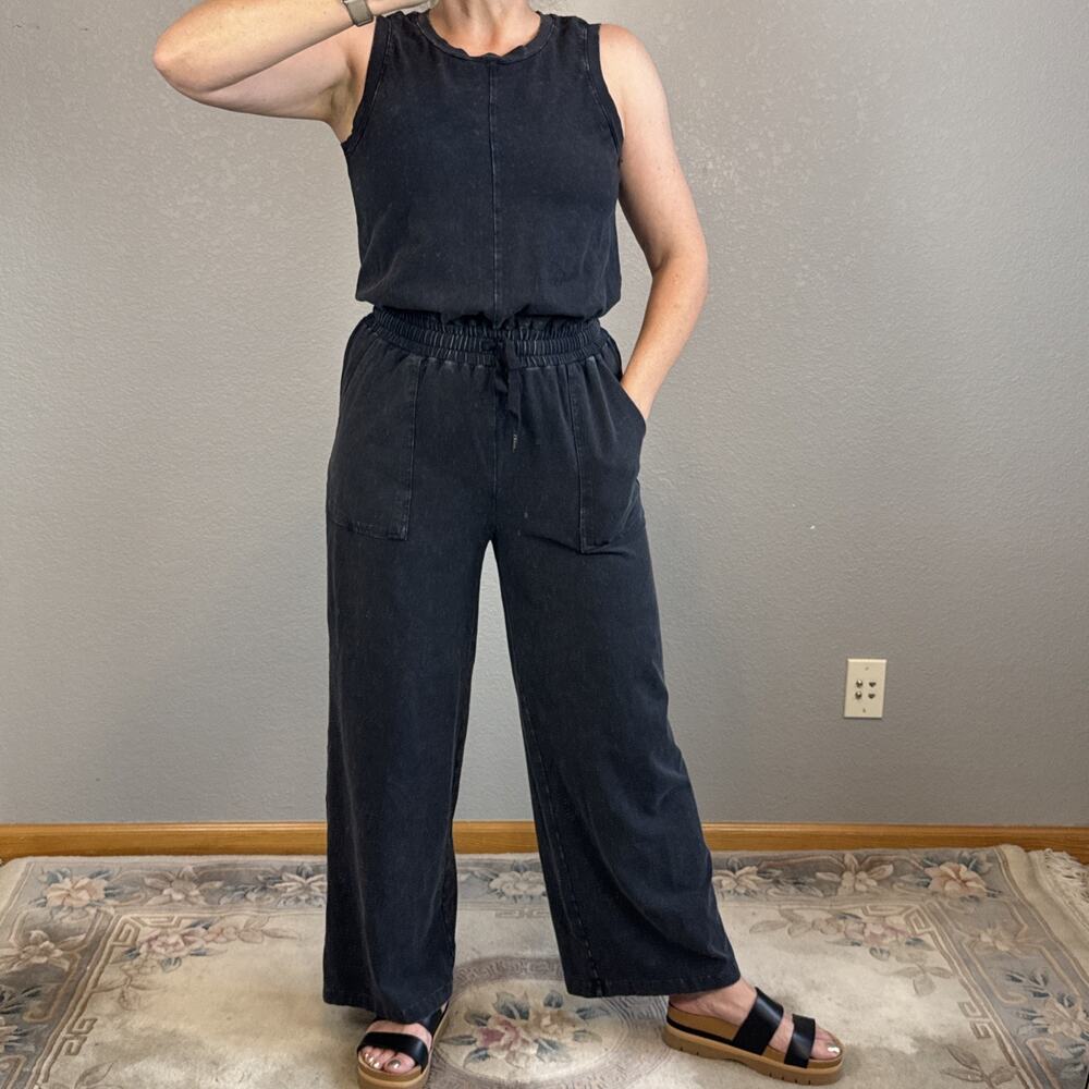 Evereve Naomi Wide Leg Sleeveless Jumpsuit Size S Wash Black Cotton Knit Pockets